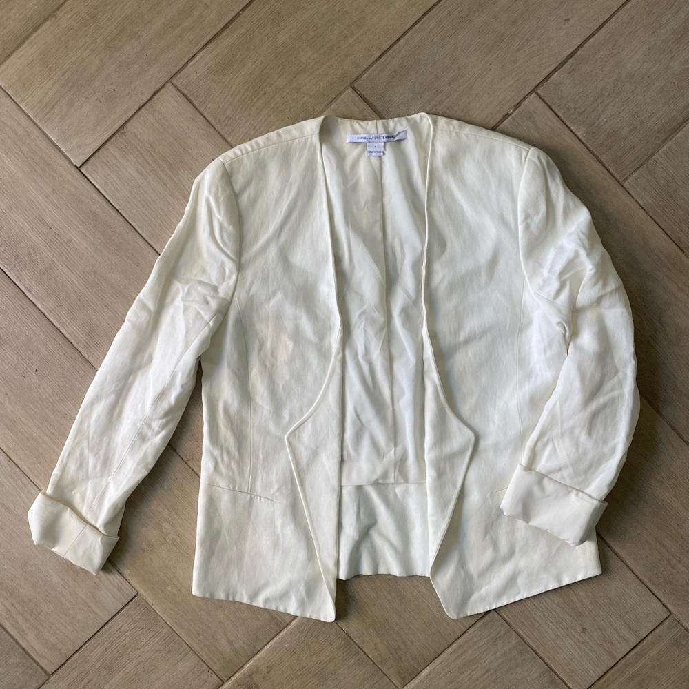 Diane Von Furstenberg White Open Front Linen Blazer